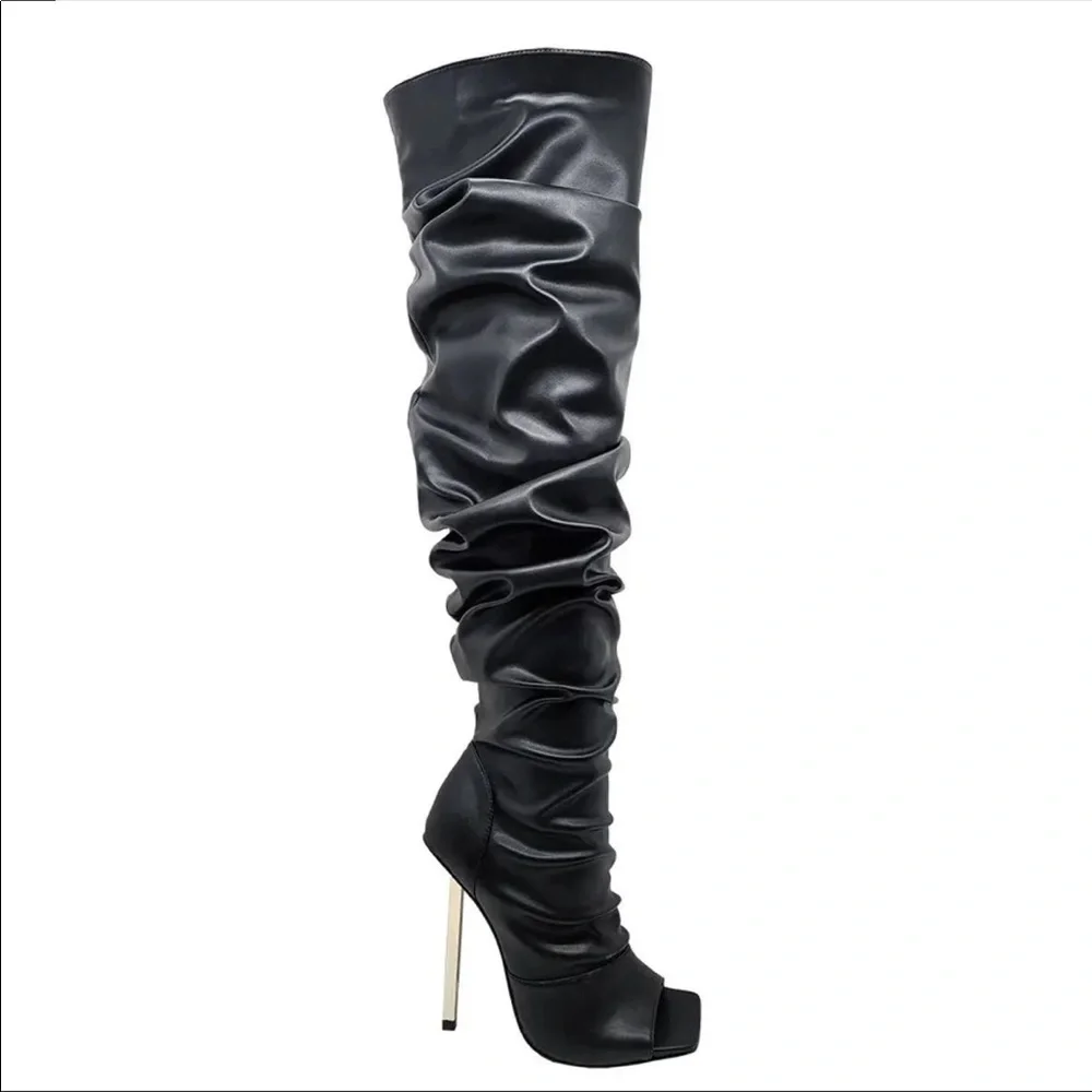 Over-the-Knee Peep-Toe Stiletto Boots - Black